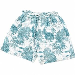 111%Lino Linen Safari Print Shorts Made in Italy Elastic Waist Teal & White M